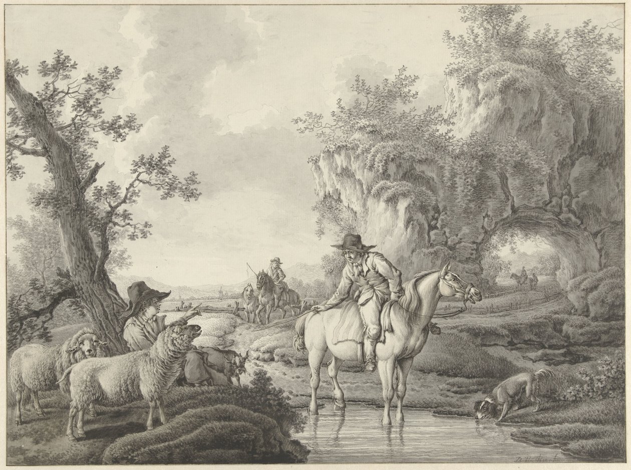 Paisagem com um pastor e um cavaleiro à beira de uma piscina de Barend Hendrik Thier