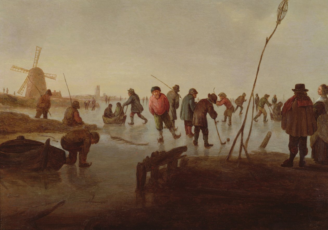 Figuras que patinam na via navegável congelada, século XVII de Barent Avercamp