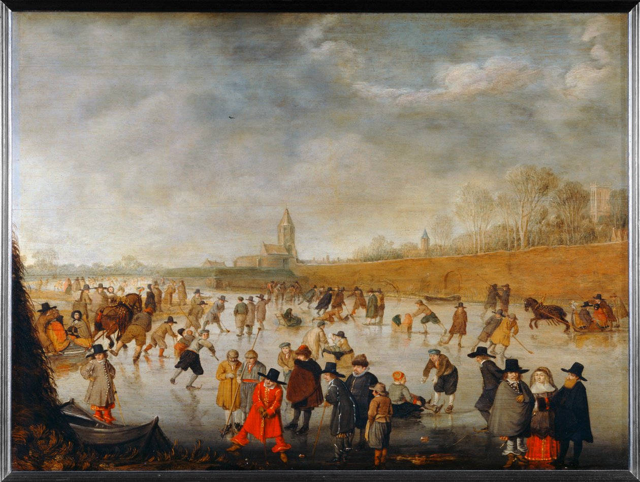 Patinagem em Kampen - Patinagem no gelo em Kampen ... de Barent Avercamp