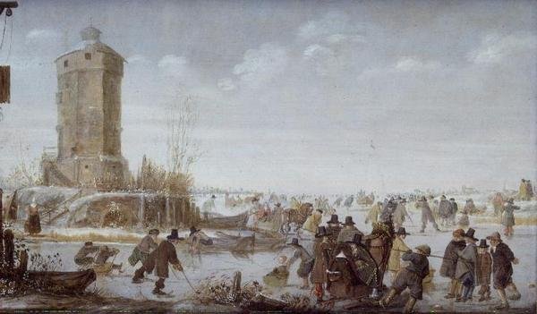 Patinadores e figuras elegantes com trenós puxados por cavalos num rio congelado junto a uma torre de Barent Avercamp