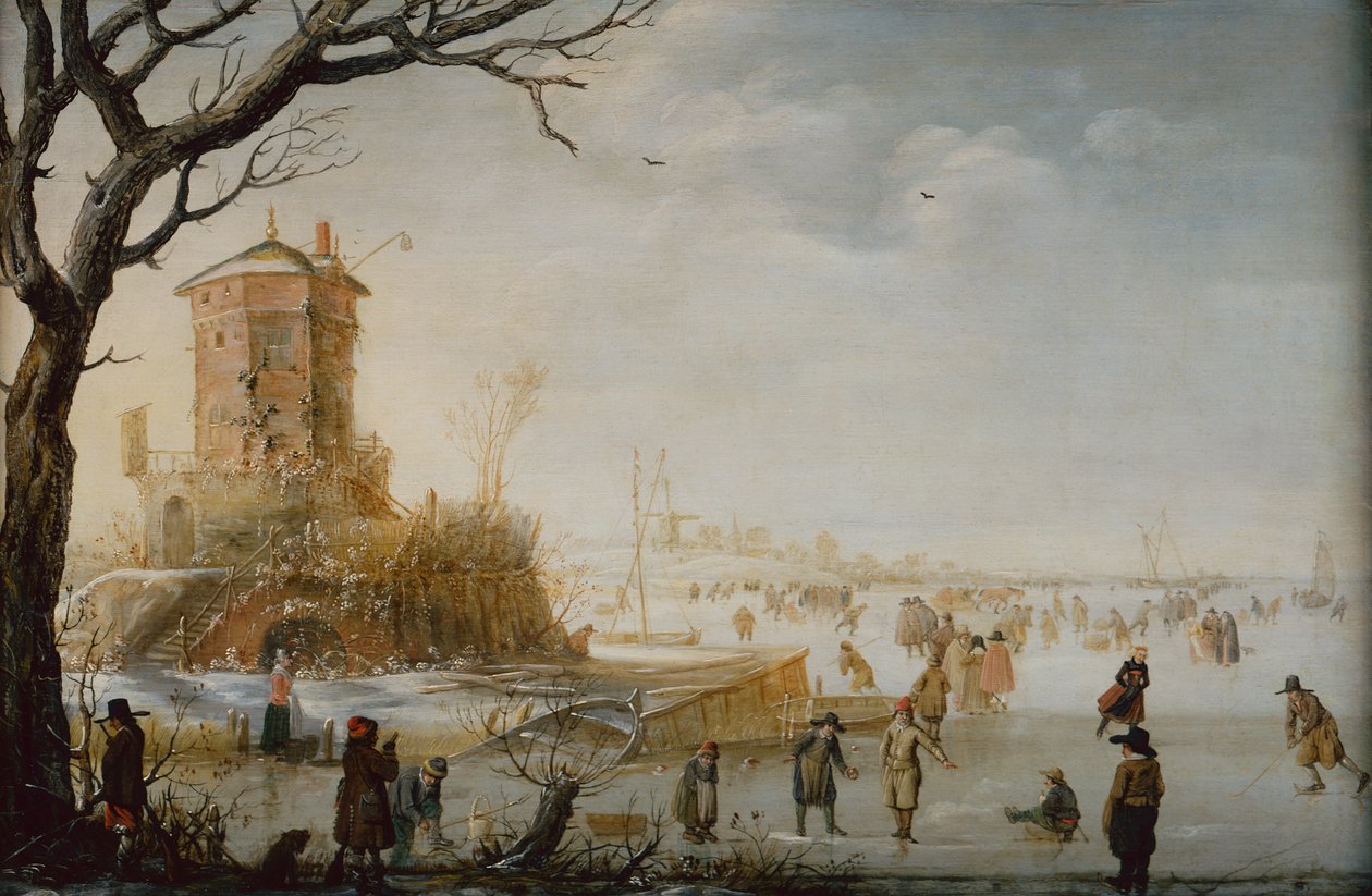 Paisagem de inverno com patinadores (óleo sobre madeira) de Barent Avercamp