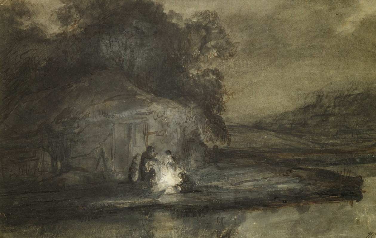 Paisagem noturna com um rio e pastores (caneta e tinta seque com bodycolour no papel) de Barent Fabritius