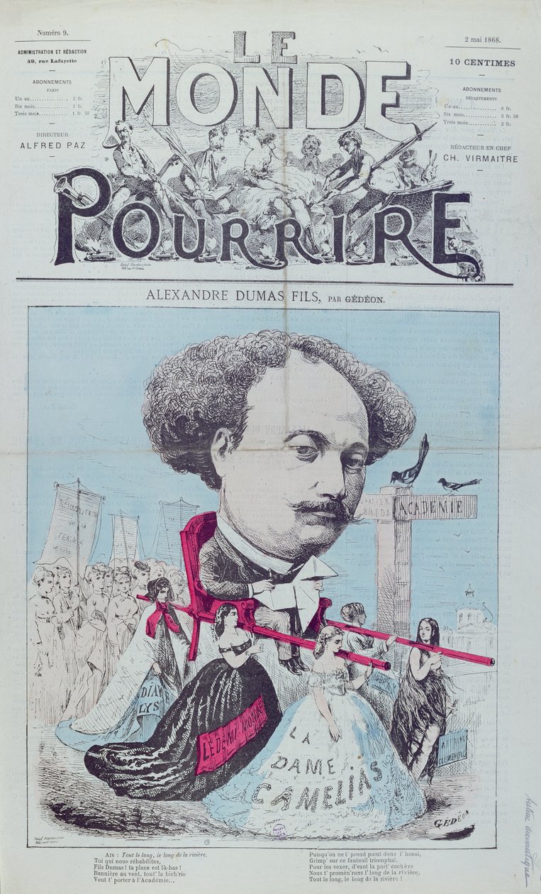 Caricatura de Alexandre Dumas, filho da revista &39;Le Monde Pour Rire&39;, 2 de maio de 1868 de Baril Gedeon