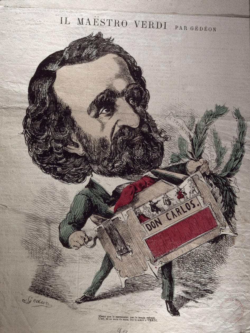 &39;Il Maestro Verdi&39;, caricatura do compositor italiano Giuseppe Verdi (1813-1901) vestido como um moedor de órgãos de Baril Gedeon