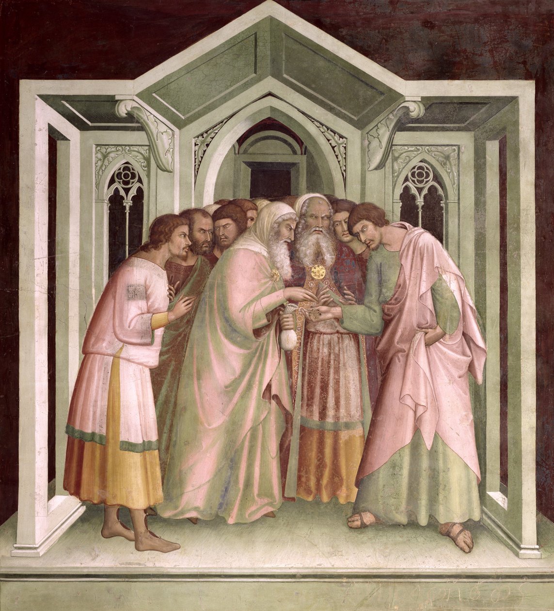 Judas recebendo pagamento por sua traição, de uma série de cenas do Novo Testamento de Barna da Siena