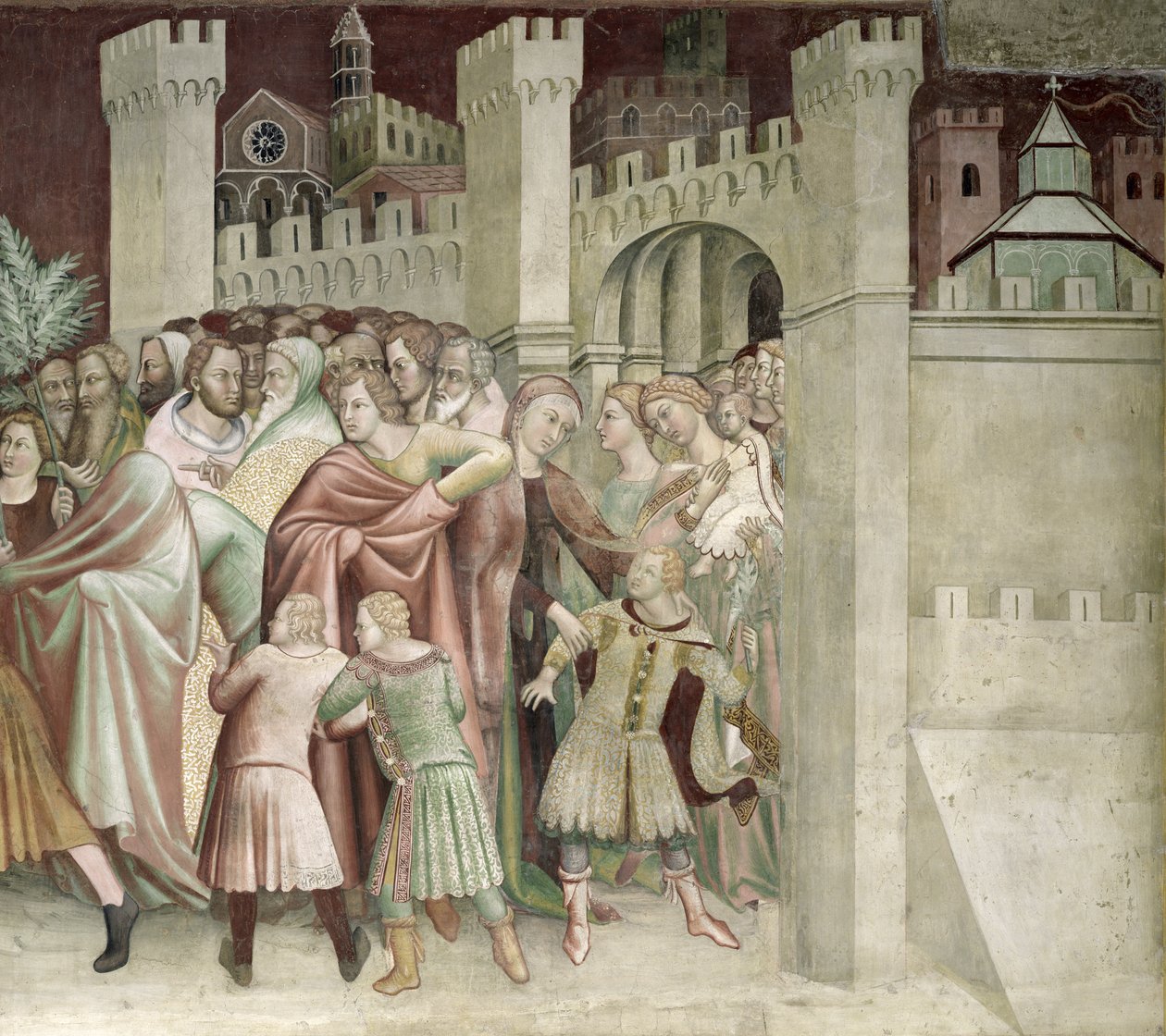 A multidão na entrada de Jerusalém, de uma série de cenas do Novo Testamento de Barna da Siena