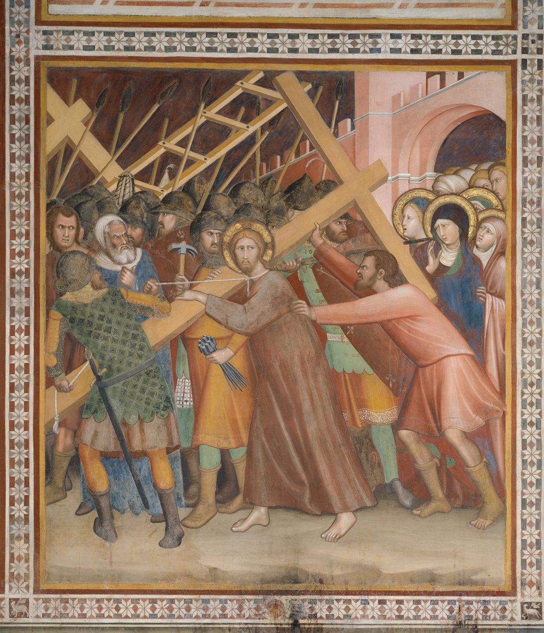 Cena do Novo Testamento: Carregamento da cruz (fresco) de Barna da Siena
