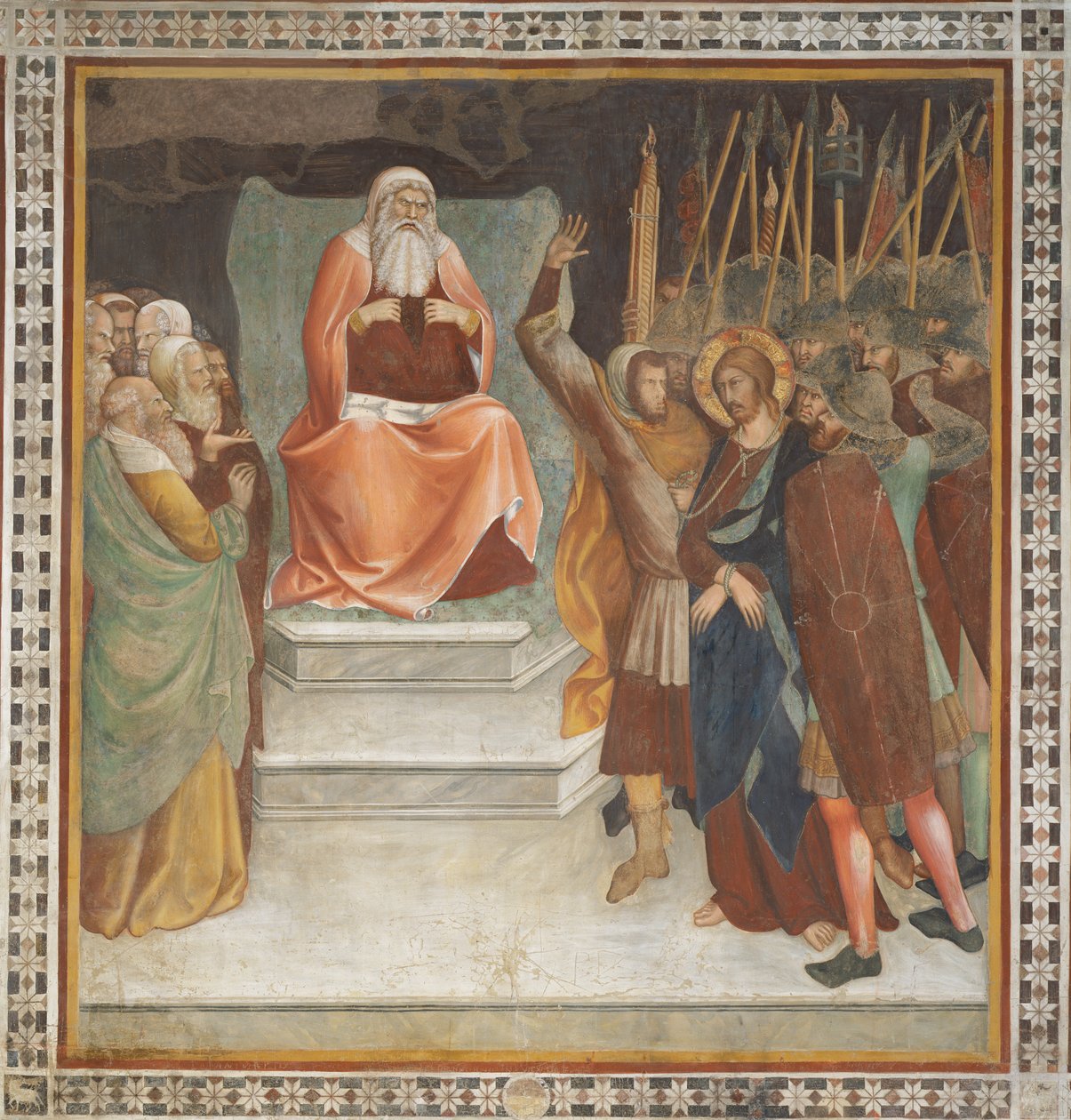 Cena do Novo Testamento: Jesus perante Caifás (fresco) de Barna da Siena
