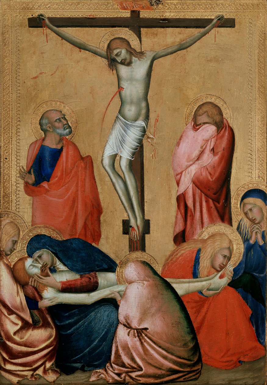A Crucificação e Lamentação, século XIV de Barna da Siena