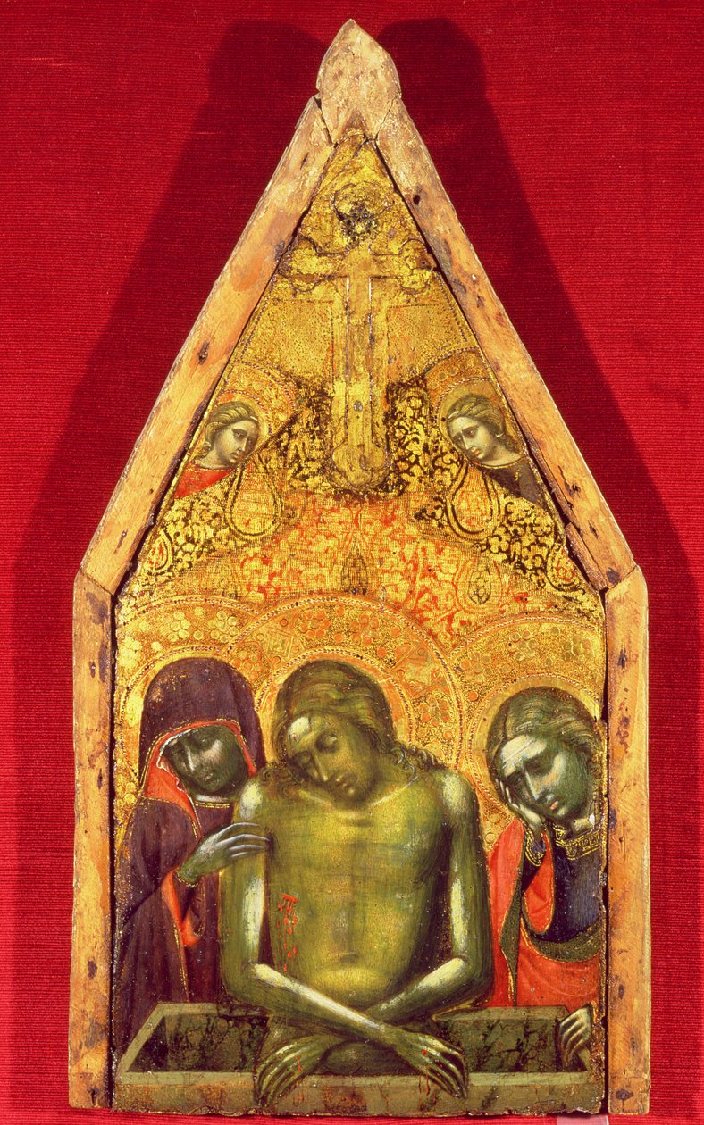 Pieta tempera no painel com têxteis aplicados de Barnaba da Modena