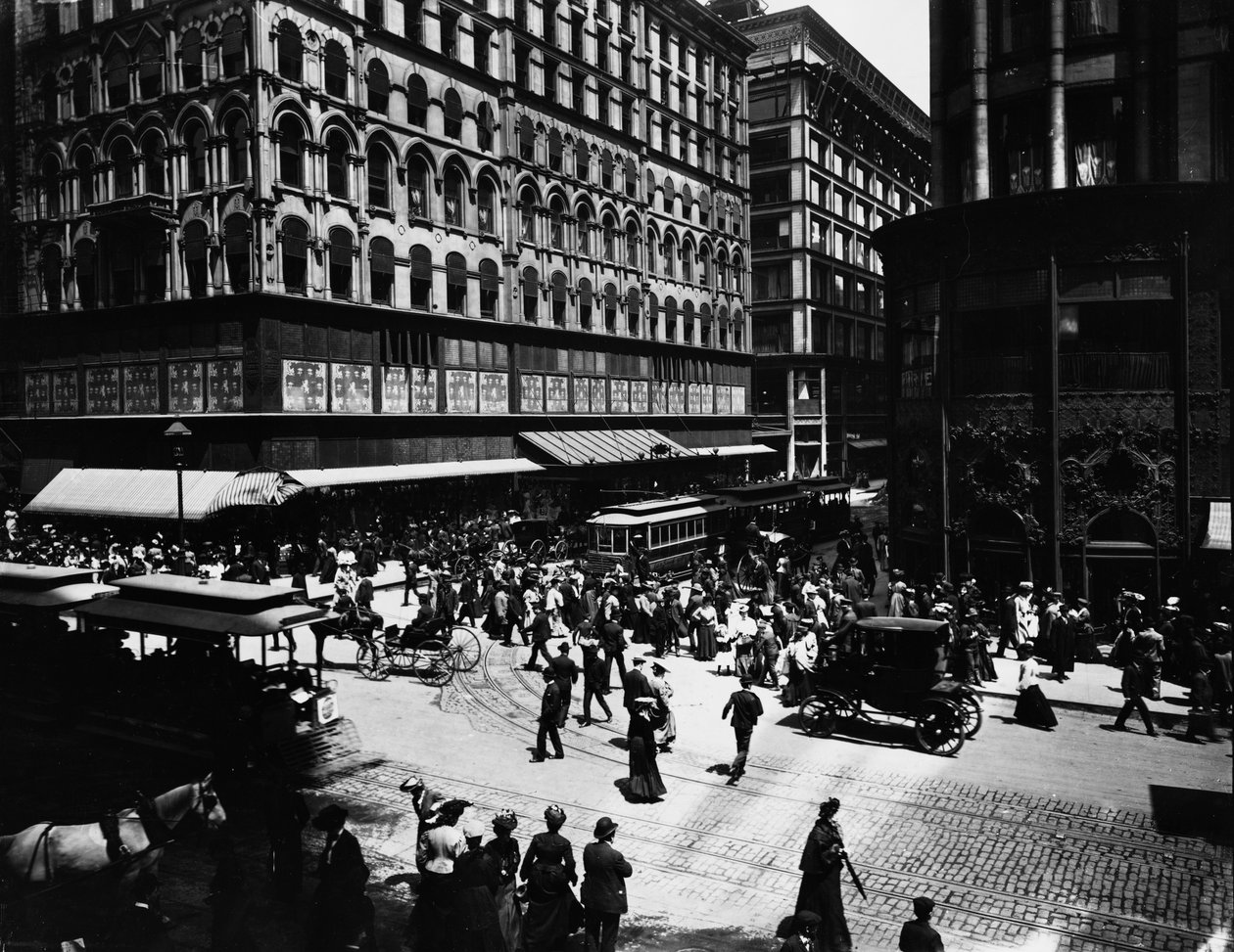 State and Madison Streets, Chicago, Illinois, EUA, c.1905 (foto a p/b) de Barnes and Crosby