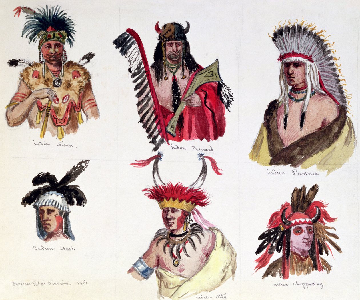Retratos de seis índios americanos das tribos Sioux, Renard, Pawnee, Creek, Otto e Chippewa, 1861 de Maurice Sand