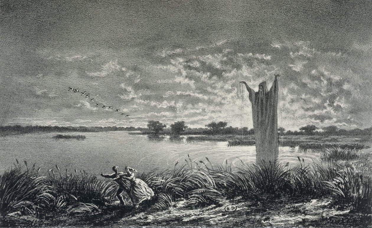 O monge dos Etangs-Brisses, ilustração para &39;Legendes Rustiques&39; por George Sand (1804-76), gravada por E. Vernier, 1858 de Maurice Sand