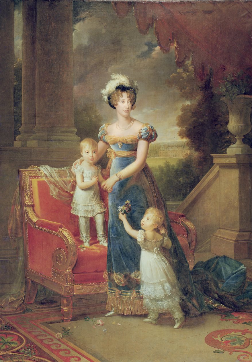 Marie-Caroline de Bourbon (1798-1870) com seus filhos em frente ao castelo de Rosny, 1820 de Baron François Pascal Simon Gérard