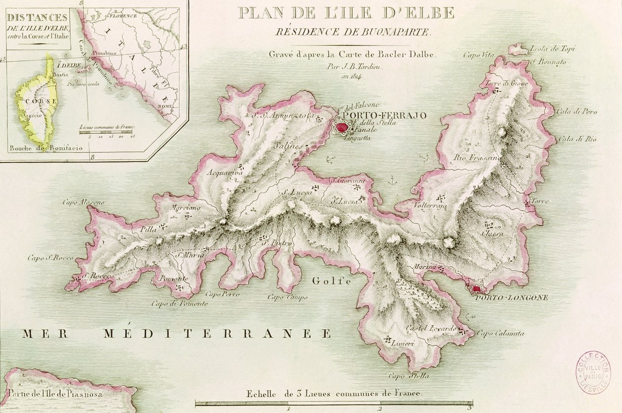 Mapa da ilha de Elba, gravado por Jean-Baptiste Tardieu (1768-1837) 1814 de Baron Louis Albert Bacler d