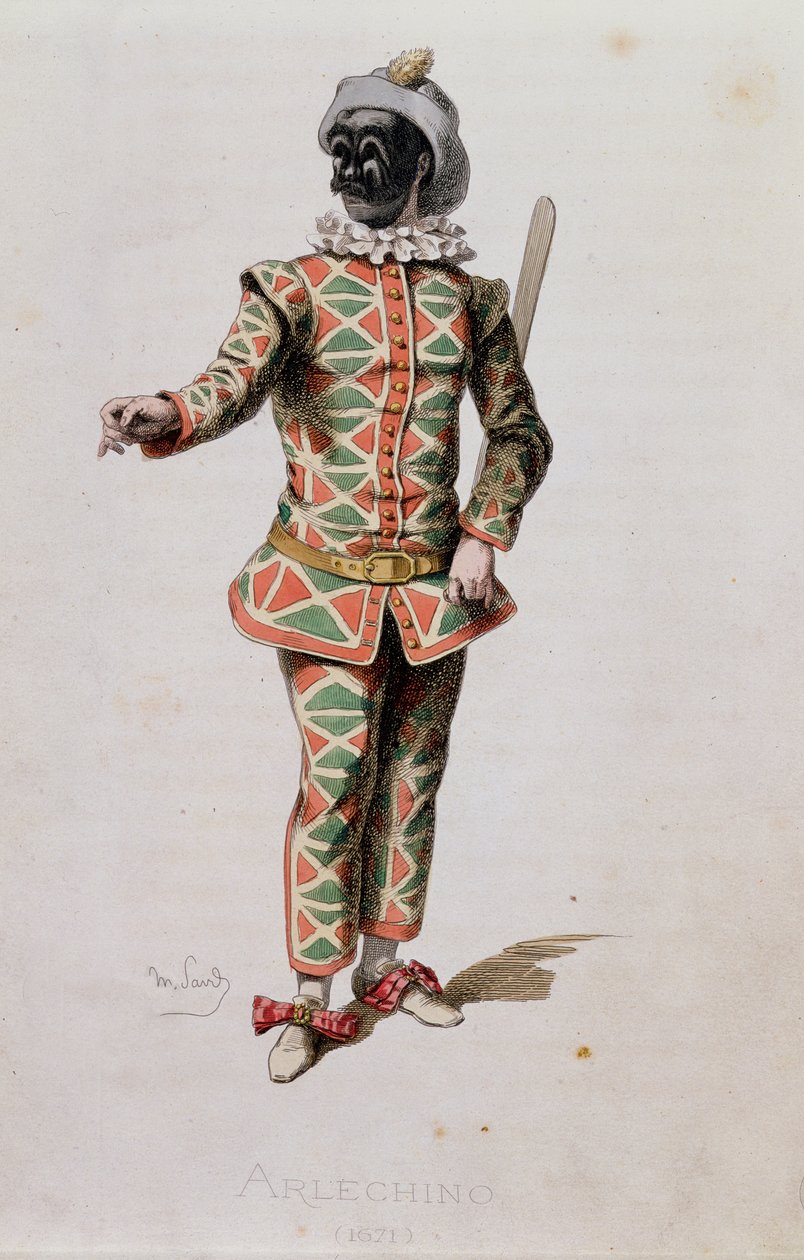 Arlequim, de &39;Máscaras e Bouffons&39; do artista, gravado por A. Manceau, 1860 de Maurice Sand