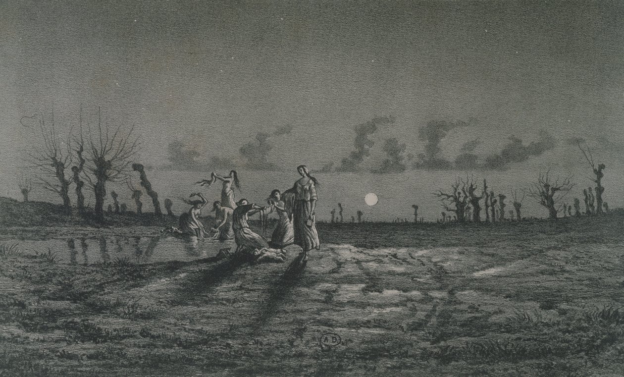 O Lavandieres ou o Night Washerwomen, ilustração para Legendes Rustiques por George Sand (1804-76) 1858 de Maurice Sand