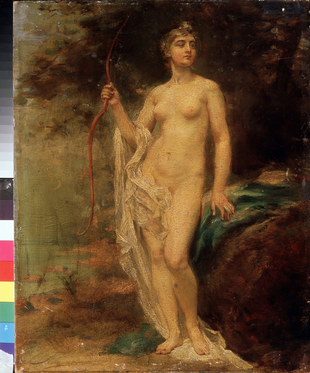 Diana (Diana). A deusa nua segura seu arco, seu rosto altivo, perto de um rio na floresta. Pintura de Ernest Karlovich Liphart (1847-1932), óleo sobre tela. arte russa de Baron Ernest Friedrich von Liphart