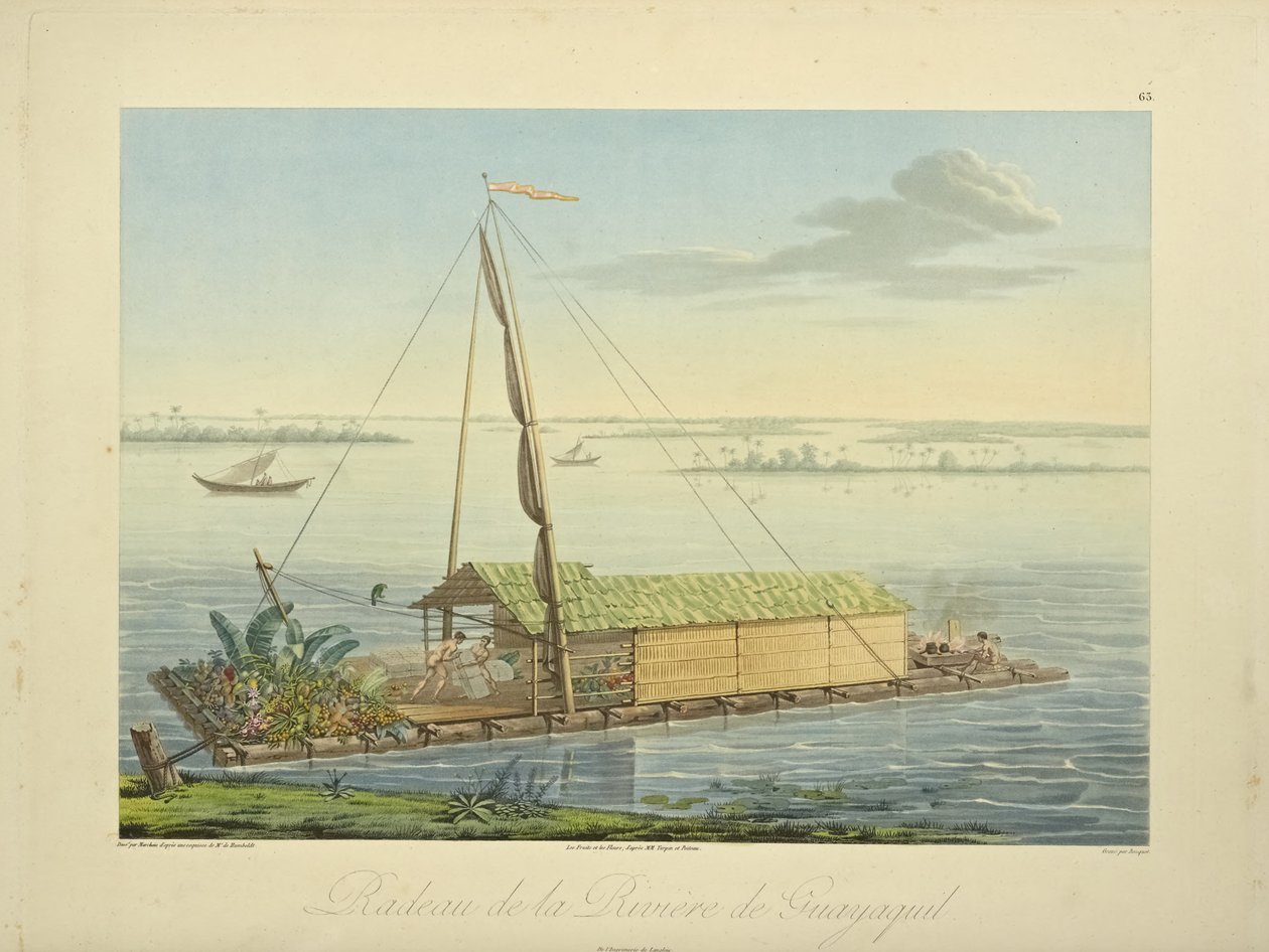 Jangada no rio Guayaquil, desenhada por Marchais, gravada por Bouquet, ilustração de "Vistas da Cordilheira e Monumens dos Povos Indígenas da América" por Alexander von Humboldt e Aime Bonpland, 1813 de Baron Friedrich Alexander von Humboldt