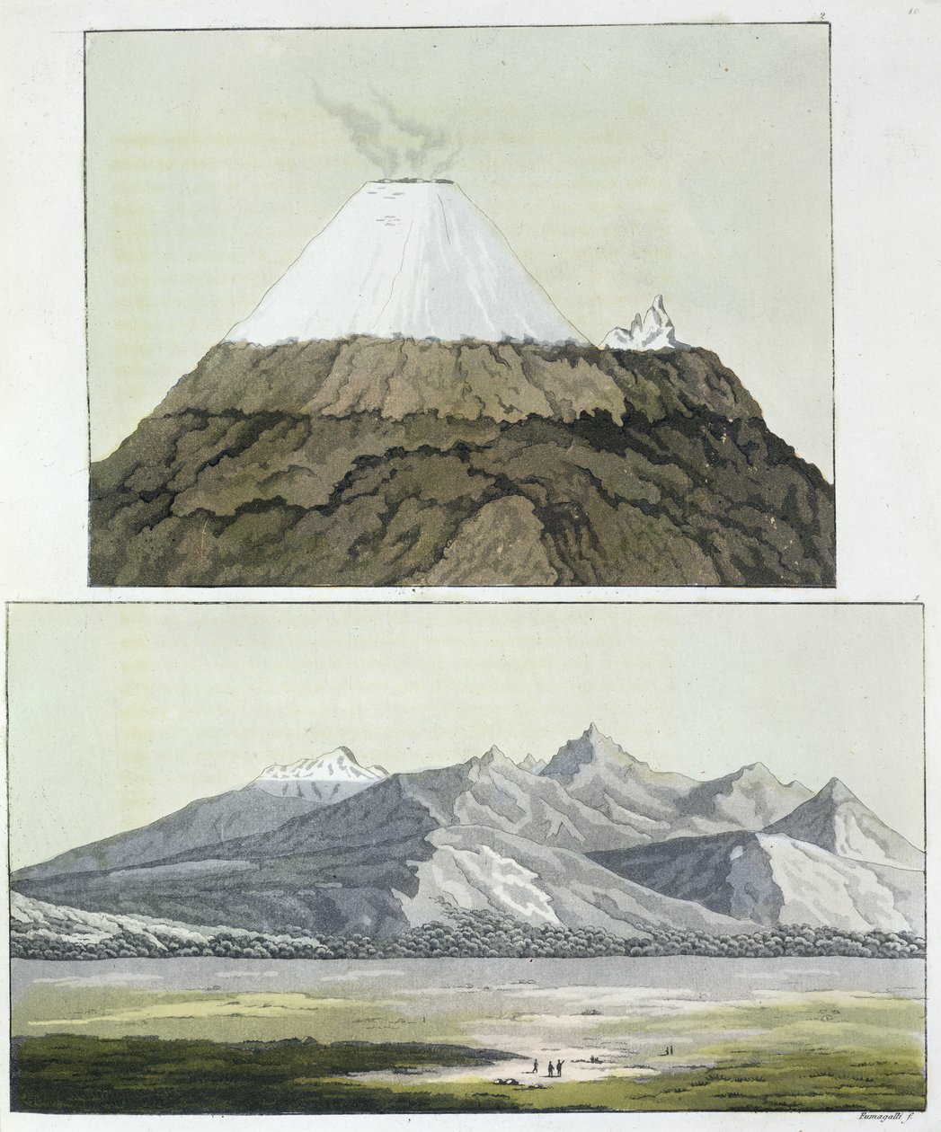 Cúpula de Cotopaxi (acima) e a erupção de Cotopaxi, 1803 (parte inferior), de &39;Le Costume Ancien et Moderne&39;, Volume I, de Jules Ferrario, publicado em 1820s-30s de Baron Friedrich Alexander von Humboldt