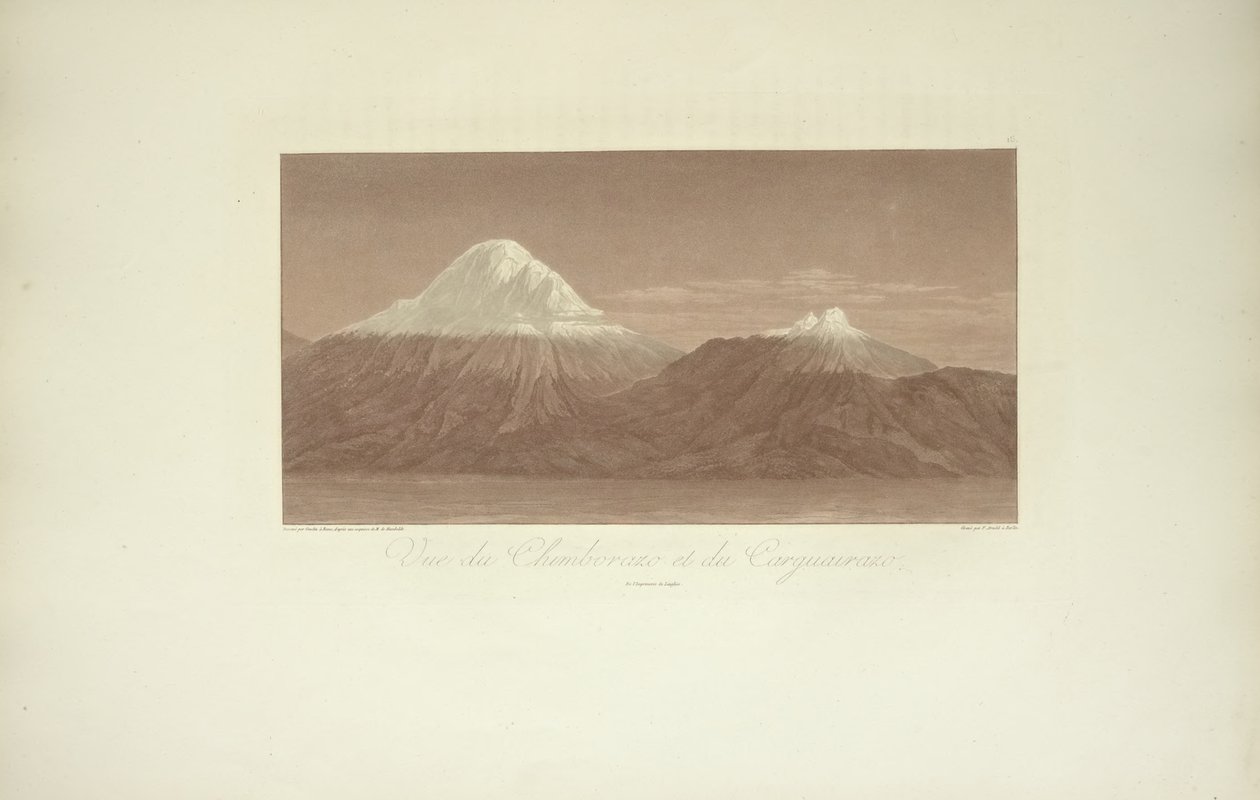 Vista de Chimborazo e Carguairazo, desenhada por Gmelin, gravada por Arnold, ilustração de "Vistas da Cordilheira e Monumens dos Povos Indígenas da América" por Alexander von Humboldt e Aime Bonpland, 1813 de Baron Friedrich Alexander von Humboldt