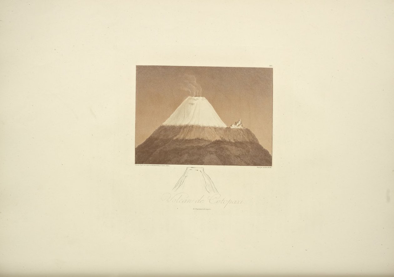 Vulcão de Cotopaxi, desenhado por Gmelin, gravado por Arnold, ilustração de "Vistas da Cordilheira e Monumens dos Povos Indígenas da América" por Alexander von Humboldt e Aime Bonpland, 1813 de Baron Friedrich Alexander von Humboldt