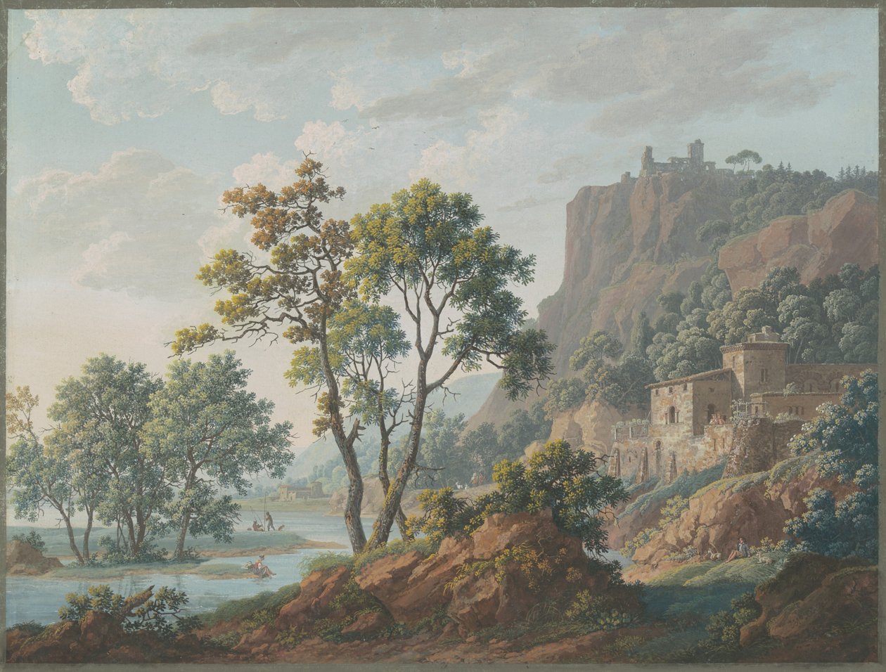 Paisagem fluvial com castelos e pescadores de Baron Louis Albert Guillain Bacler d