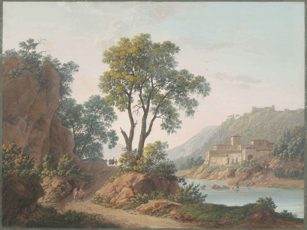 Paisagem fluvial com castelos e viajantes de Baron Louis Albert Guillain Bacler d
