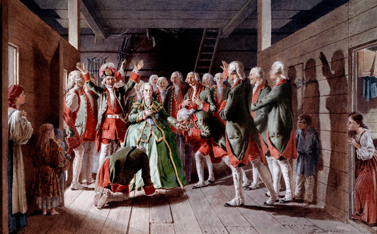 A Impressão Russa Elisabeth Iere Petrovna (1709-1762) no dia de sua festa e seu futuro no Trono Imperial, os soldados juram sua lealdade Gravuras de Klodt (século 19) 1883 Museu Hermitage, São Petersburgo de Baron Mikhail Petrovich Klodt von Jurgensburg