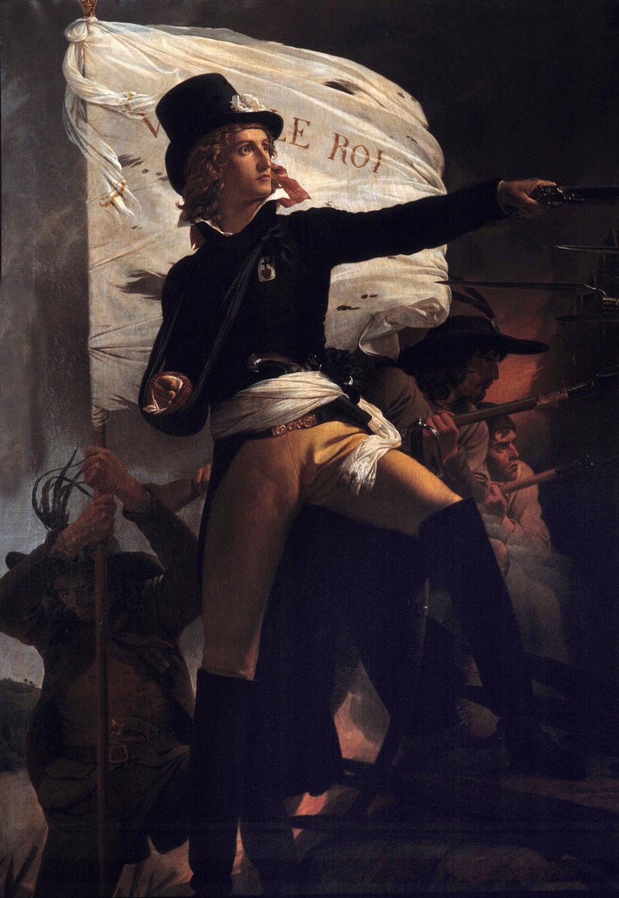 Portrait en pied de Henri Duverger, Comte de La Rochejaquelein (ou Orchard de La Rochejacquelein) (1772-1794) general vendido com a bandeira live le roi" (no peito a insígnia dos Vendees)" (Guerras de Vendee) Pintura de Pierre Narcisse (Pierre-Narcisse) G de Baron Pierre Narcisse Guerin