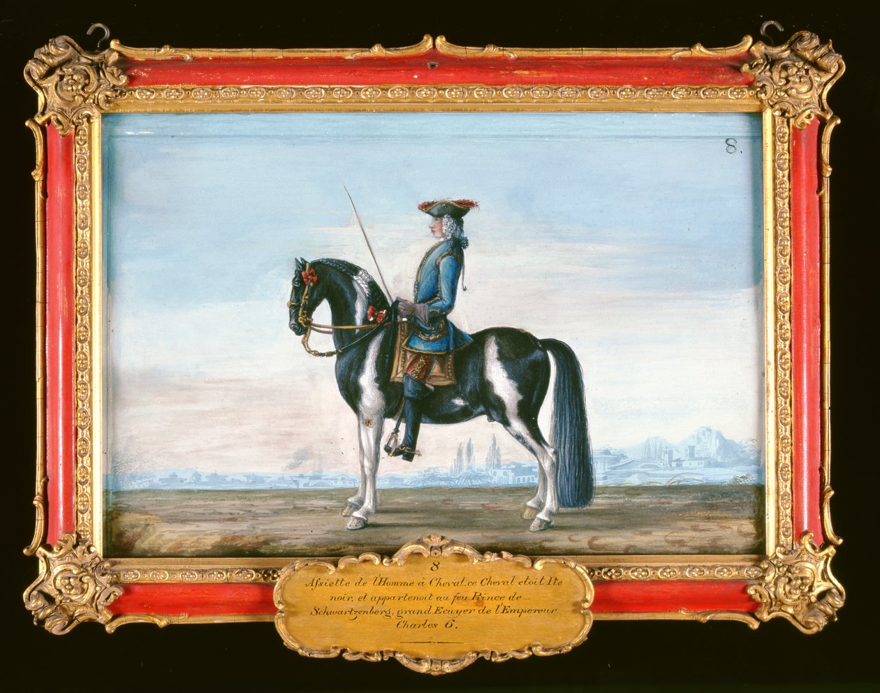 No.8 Um cavalo malhado e cavaleiro, da Escola Espanhola de Equitação, o cavalo pertencente ao falecido Príncipe de Schwartzenberg, equly ao imperador Charles VI (wc no papel) de Baron Reis Eisenberg