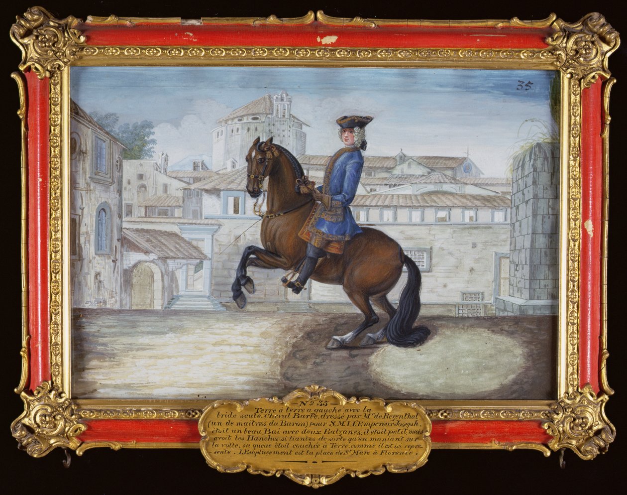 No. 35 Um cavalo da Baía Barbary da Escola Espanhola de Equitação que realiza um movimento de adestramento na Praça de São Marcos, em Florença (wc on paper) de Baron Reis Eisenberg