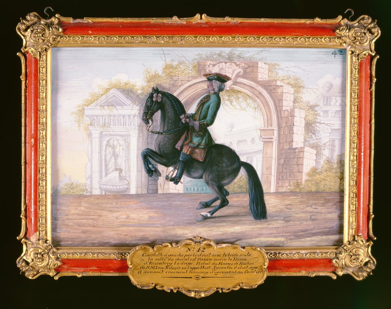 No. 42 Agrable, um cavalo castanho escuro da Escola de Equitação Espanhola que executa um movimento de adestramento chamado Curvet (wc no papel) de Baron Reis Eisenberg