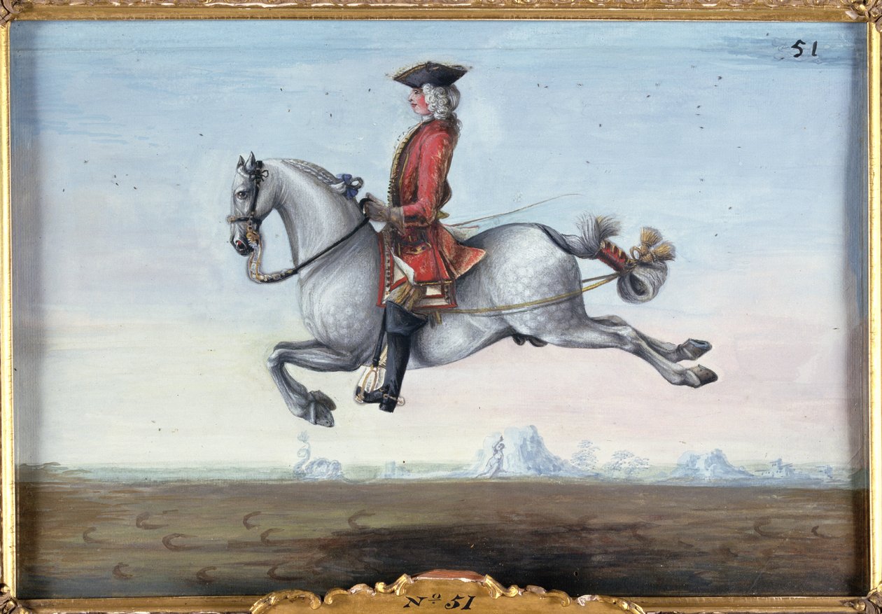 No. 51 Um cavalo cinzento malhado da Escola de Equitação Espanhola que executa um movimento de adestramento chamado um Capriole (wc em papel) de Baron Reis Eisenberg