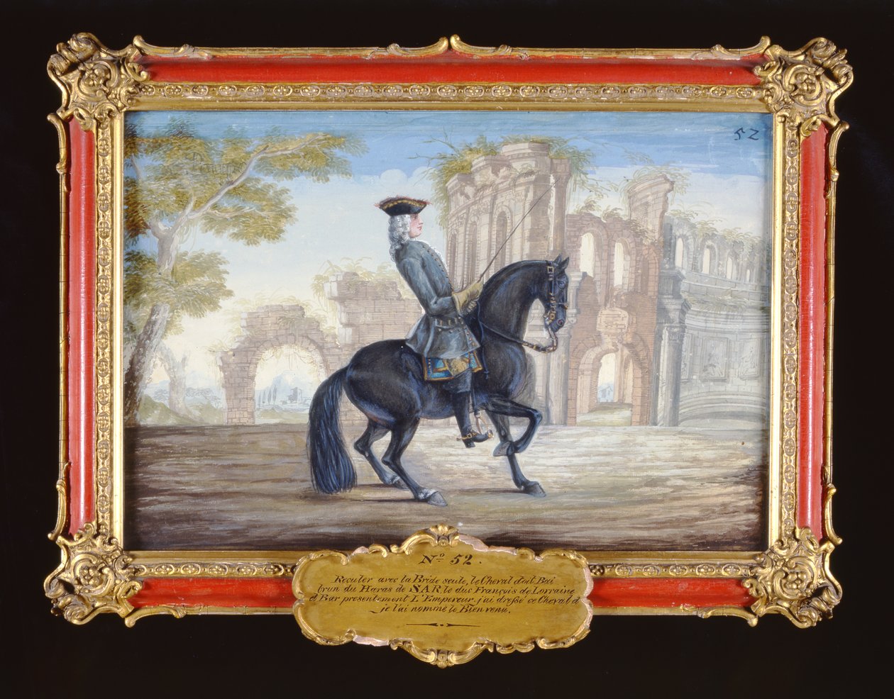 Não. 52 Le Bienvenu, um cavalo baio escuro da Escola de Equitação Espanhola que executa um movimento de adestramento (wc no papel) de Baron Reis Eisenberg