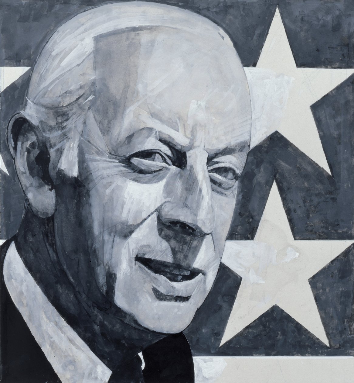Retrato de Alistair Cooke, ilustração para o ouvinte, de 1970 (guache a bordo) de Barry Fantoni