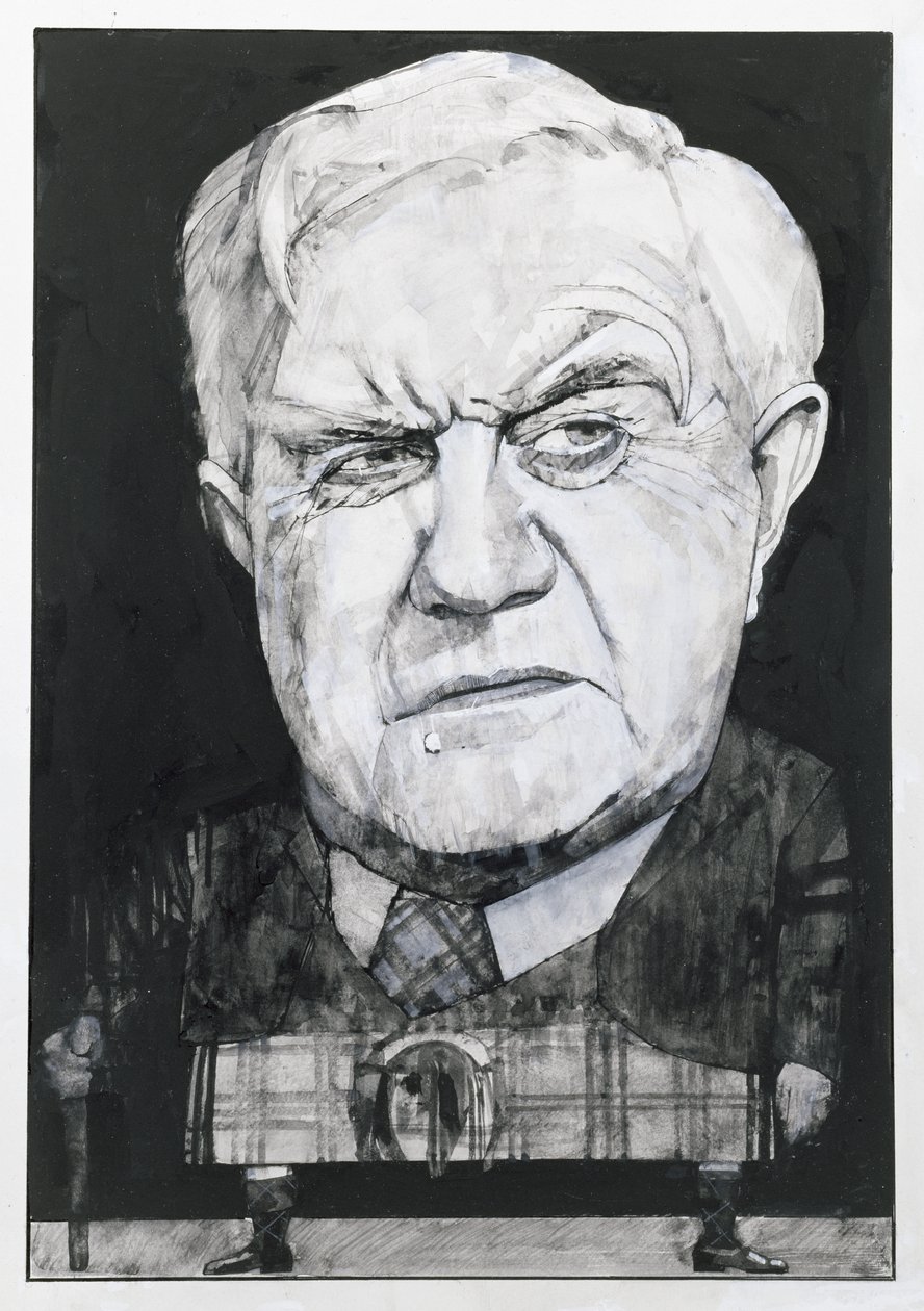 Retrato de Andrew Cruickshank, ilustração para The Sunday Times (guache a bordo) de Barry Fantoni