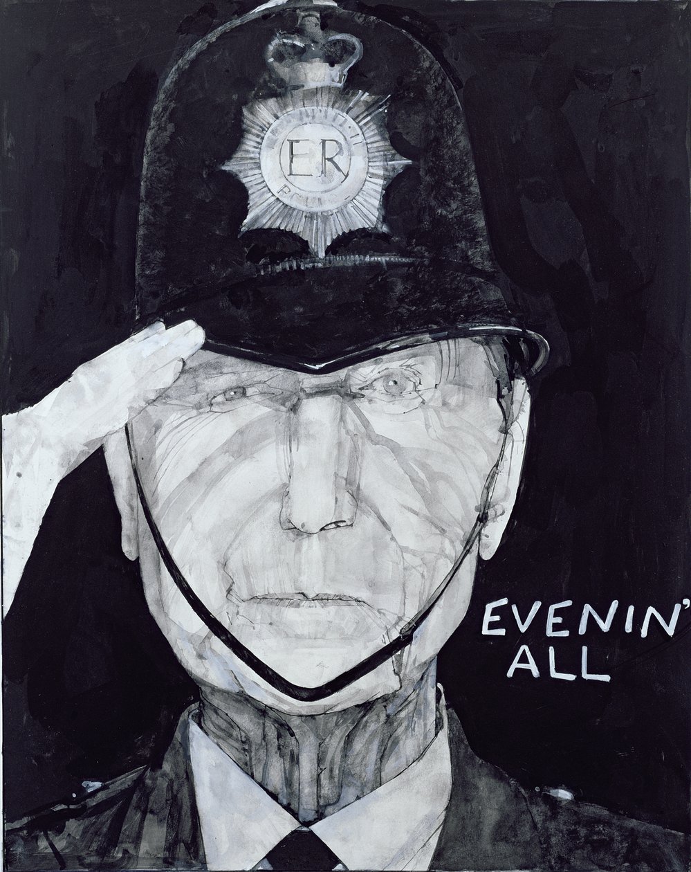Retrato de Jack Warner como Dixon de Dock Green, ilustração para o ouvinte, de 1970 (guache a bordo) de Barry Fantoni