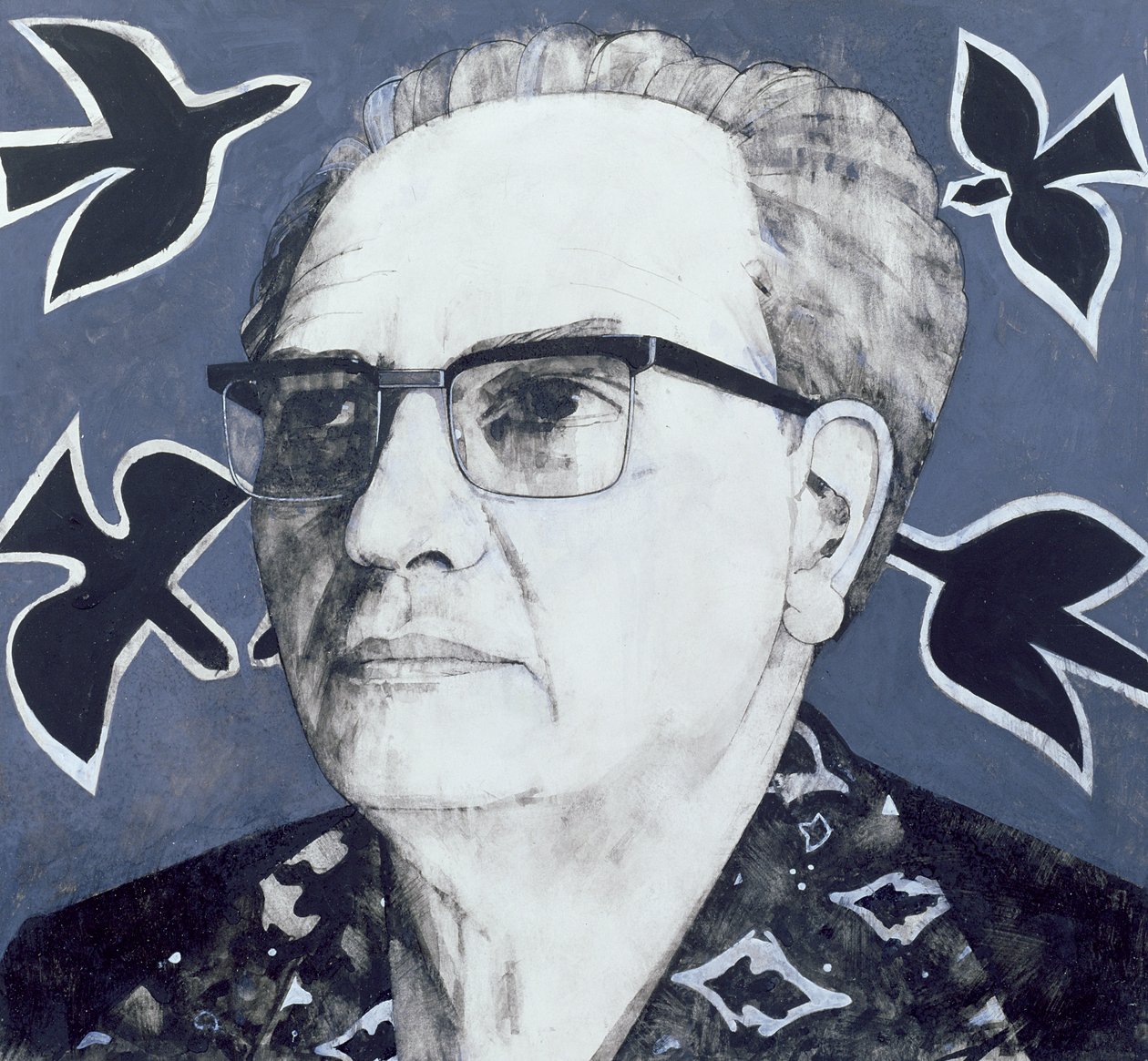 Retrato de Olivier Messiaen, ilustração para o The Sunday Times, de 1970 (guache a bordo) de Barry Fantoni