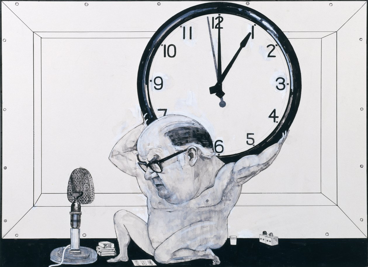 Retrato de William Hardcastle, ilustração para The Radio Times, de 1970 (guache e caneta e tinta a bordo) de Barry Fantoni