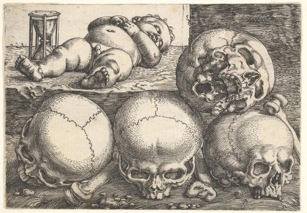 Criança morta com quatro caveiras, meados do século XVI. de Barthel Beham