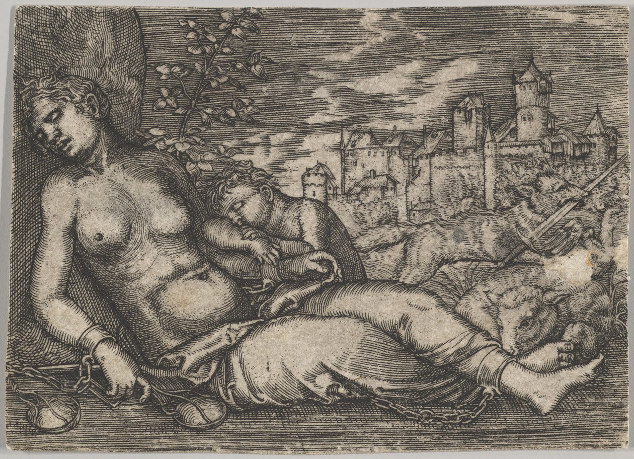 Cópia de Der Welt Lauf Sleeping Justice, início do século XVI. de Barthel Beham
