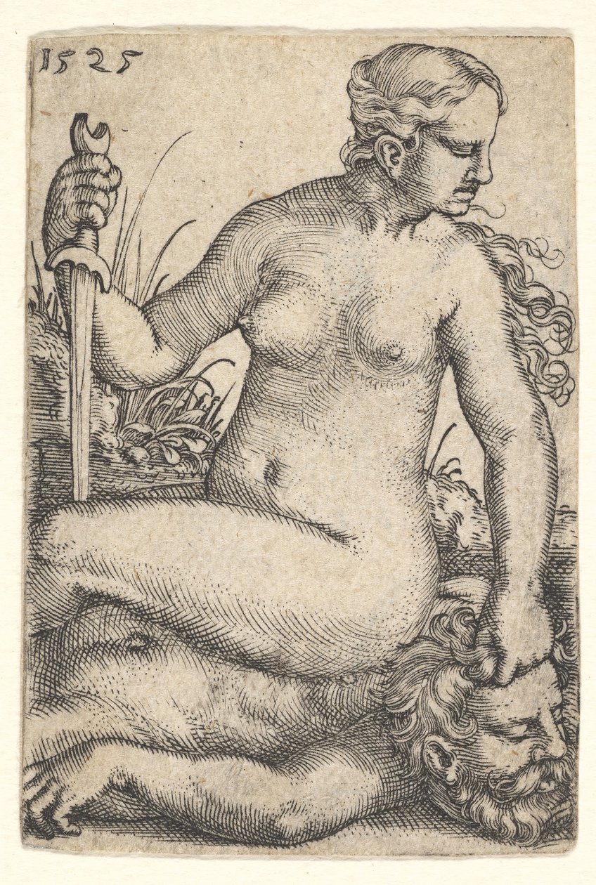 Judith, olhando para a direita, sentada nua no topo do corpo morto de Holofernes, com um sw ..., 1525. de Barthel Beham