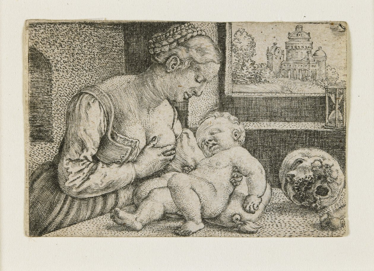 Mãe e filho com caveira e ampulheta, c. 1528-1530 de Barthel Beham