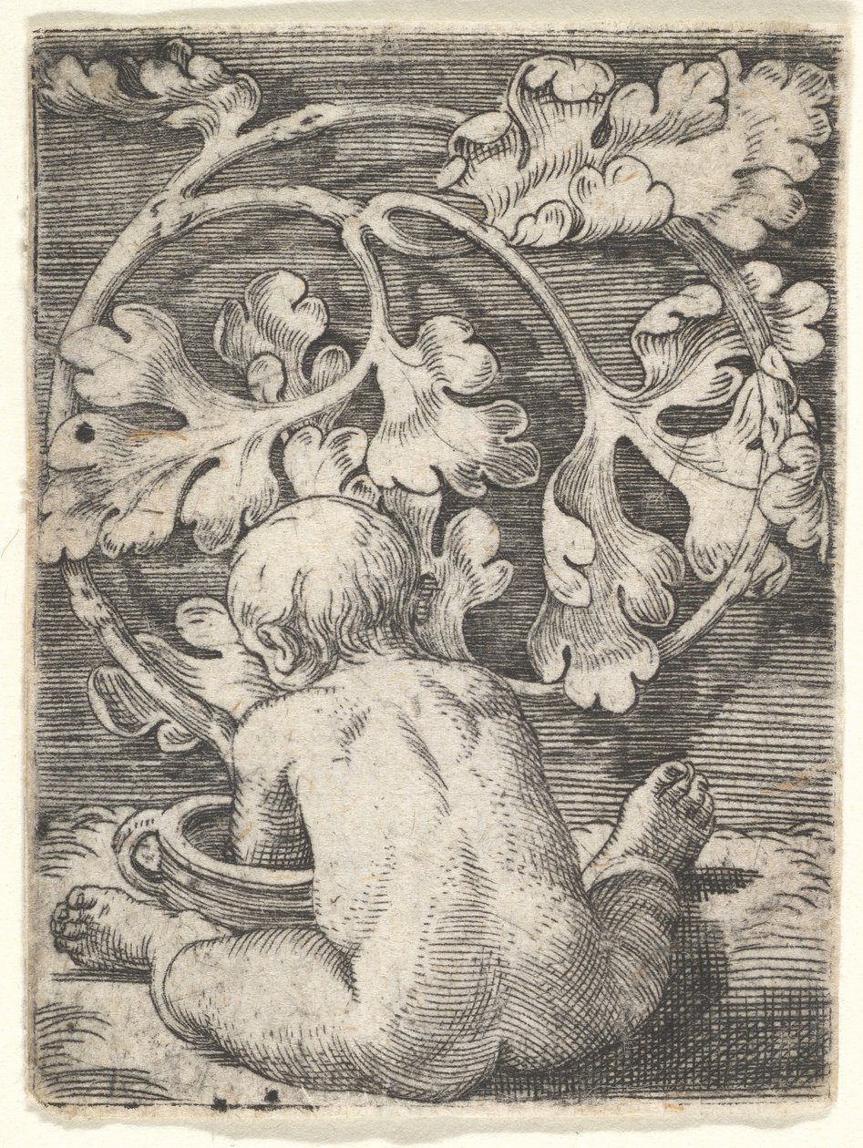 Criança nua vista de trás, sentada em frente a uma embarcação, em meados do século XVII. de Barthel Beham