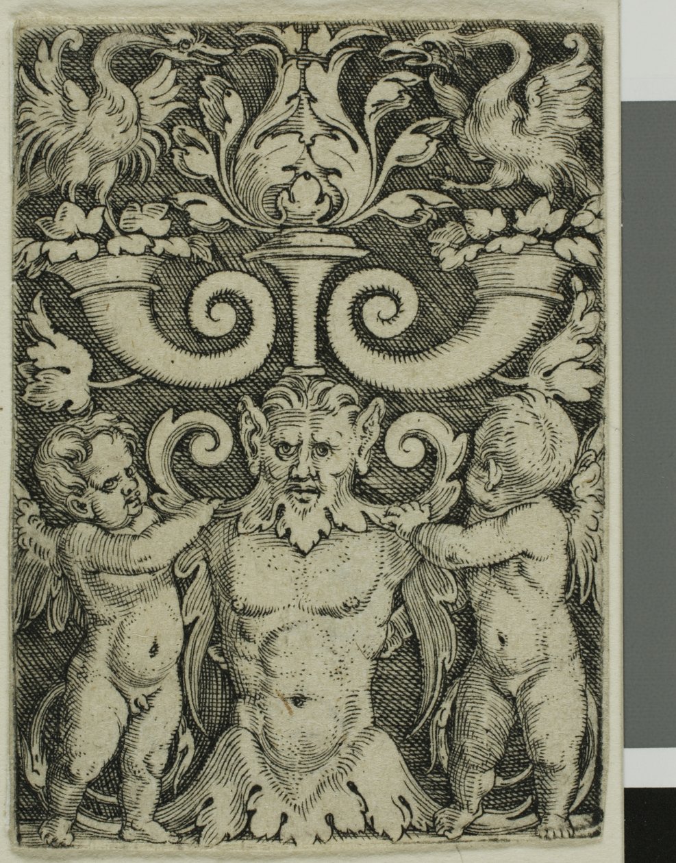 Ornamento com um meio-comprimento masculino entre dois gênios de Barthel Beham