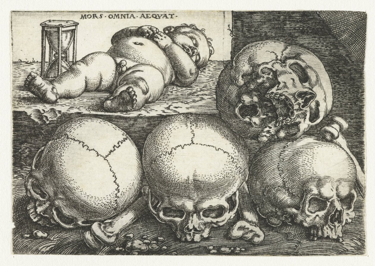 Criança a dormir com ampulheta e quatro caveiras
Mors Omnia Aeqvat (título sobre o objecto) de Barthel Beham