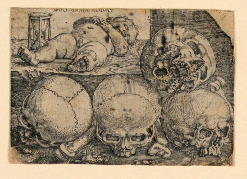 Criança dormindo com quatro crânios de Barthel Beham