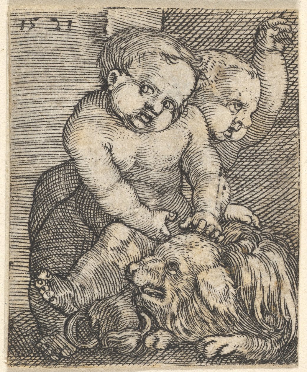 Dois meninos brincando com um cachorro, meados do século XVI. de Barthel Beham