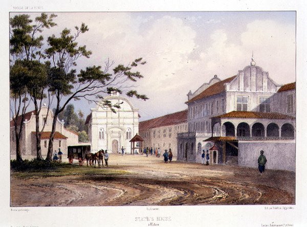 Casa do Estado em Malacca, gravada por Alfred Leon Lemercier, c.1840 (litografia colorida à mão) de Barthelemy (after) Lauvergne